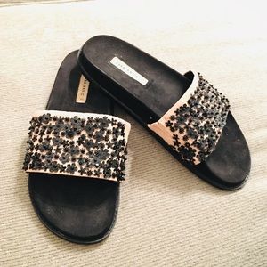 Zara Basic Floral Bead Rhinestones Black Pink Slide Sandals Size 42